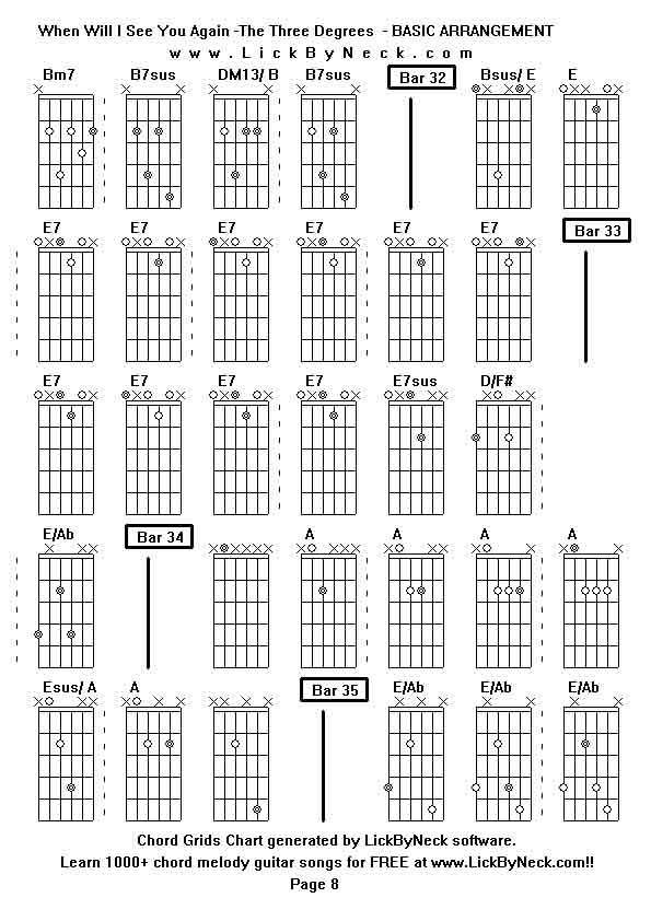 Chord Grids Chart of chord melody fingerstyle guitar song-When Will I See You Again -The Three Degrees  - BASIC ARRANGEMENT,generated by LickByNeck software.